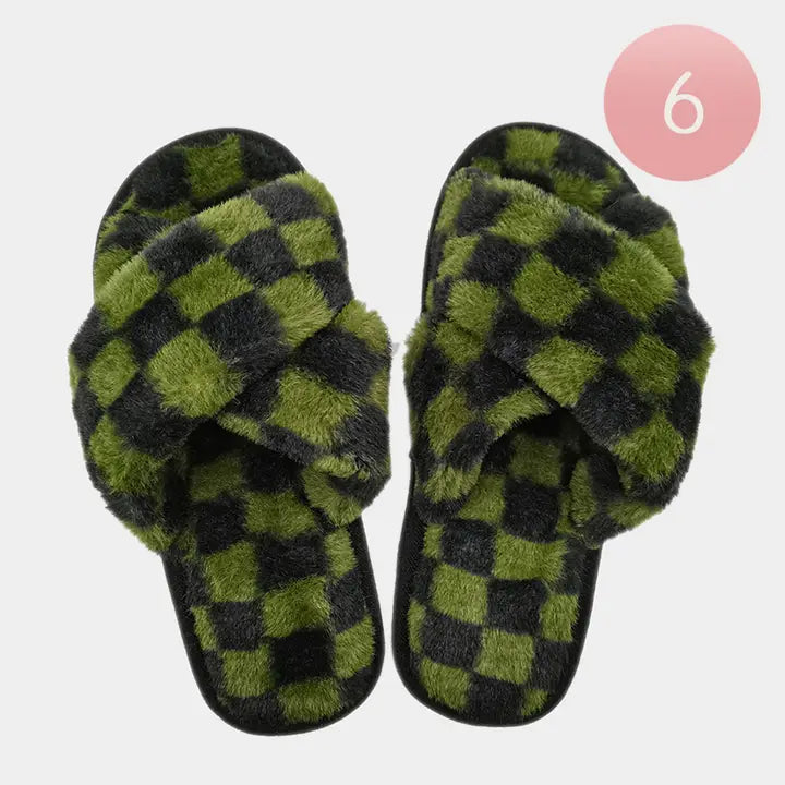 GREEN CHECKERED FAUX FUR SLIPPERS