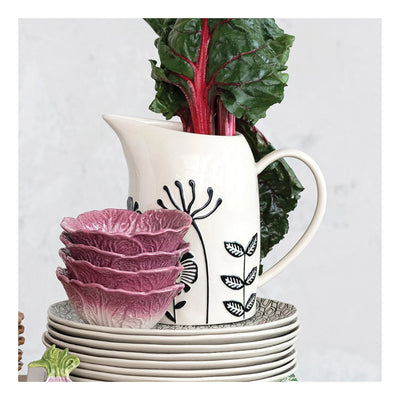 HAND-PRINTED STONEWARE PITCHER WITH EMBOSSED FLOWERS