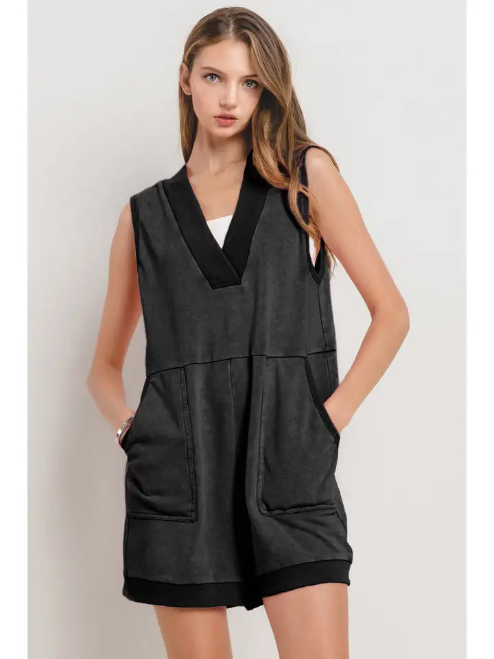 BLACK MINERAL WASHED FRENCH TERRY ROMPER